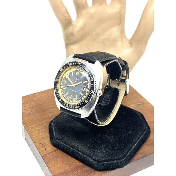 Elgin Mens Watch Diver Swiss Automatic Vintage Black Dial Date Leather Band 42mm - Picture 2 of 15